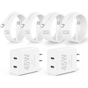 iPhone 17 16 15 Charger Fast Charging, 45W Dural Port USBC Charger Block with 6ft/10ft Long Type C Cable Cord for Apple iPhone 17 Pro Max/17 Air/16 Pro/16 Pro Max/15 Plus/15 Pro/iPad Pro Plug Cube Box in Kuwait