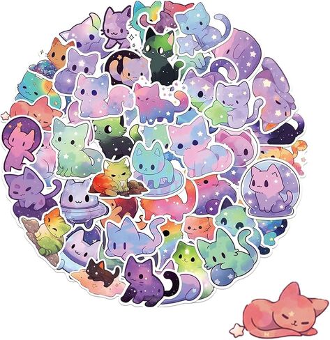 100 Piece Cartoon Rainbow Starry Sky Cat Sticker, Cute Aesthetic Cat Sticker, Vinyl Sticker for Water Bottle in Saudi Arabia