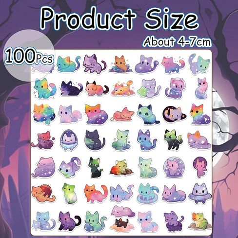 100 Piece Cartoon Rainbow Starry Sky Cat Sticker, Cute Aesthetic Cat Sticker, Vinyl Sticker for Water Bottle in Saudi Arabia