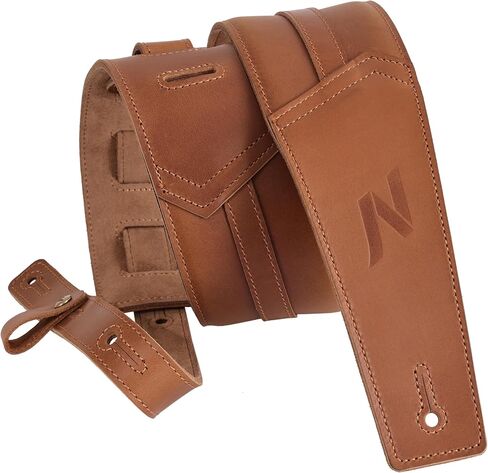 حزام جيتار Nefelibata مقاس 3 بوصات، جلد البقر الإيطالي الناعم المحبب بالكامل، مع بطانة إسفنجية وحلقة تخزين الكابل، للجيتار الكهربائي والصوتي (بني) in Kuwait