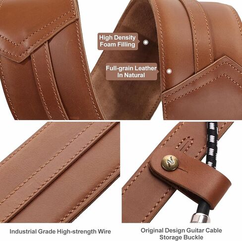 حزام جيتار Nefelibata مقاس 3 بوصات، جلد البقر الإيطالي الناعم المحبب بالكامل، مع بطانة إسفنجية وحلقة تخزين الكابل، للجيتار الكهربائي والصوتي (بني) in Kuwait