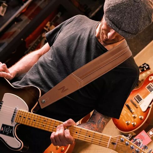 حزام جيتار Nefelibata مقاس 3 بوصات، جلد البقر الإيطالي الناعم المحبب بالكامل، مع بطانة إسفنجية وحلقة تخزين الكابل، للجيتار الكهربائي والصوتي (بني) in Kuwait