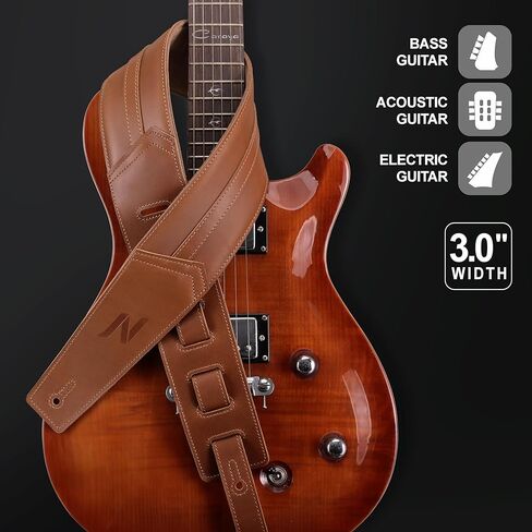 حزام جيتار Nefelibata مقاس 3 بوصات، جلد البقر الإيطالي الناعم المحبب بالكامل، مع بطانة إسفنجية وحلقة تخزين الكابل، للجيتار الكهربائي والصوتي (بني) in Kuwait
