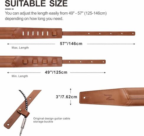 حزام جيتار Nefelibata مقاس 3 بوصات، جلد البقر الإيطالي الناعم المحبب بالكامل، مع بطانة إسفنجية وحلقة تخزين الكابل، للجيتار الكهربائي والصوتي (بني) in Kuwait