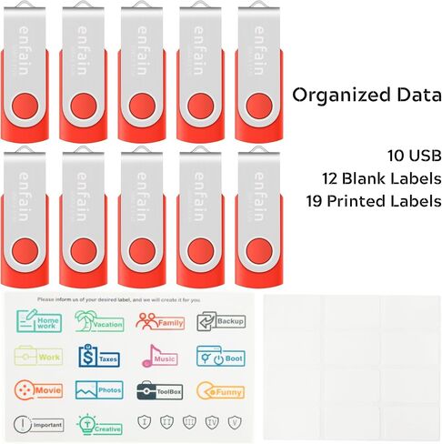 Enfain 16GB USB 2.0 Flash Drive 10 Pack | Swivel Thumb Drives with 31 Labels | Gift-Ready Packaging for Corporate Events, Office & Team Distributions (Black) in Kuwait