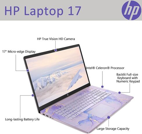 HP 17 بوصة كمبيوتر محمول ، 17.3 "Full HD 1920x1080 شاشة IPS ، معالج Intel Celeron N4120 ، ذاكرة الوصول العشوائي 16 جيجابايت ، 1 تيرابايت SSD ، Windows 11 Home ، لوحة مفاتيح الإضاءة الخلفية ، Lavender الشتوية ، ملحق الألباكاتوريك (متجدد) in Kuwait