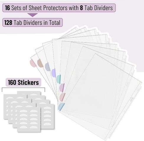Mr. Pen- Clear Sheet Protectors with Binder Tabs, 8 Tabs, 2 Sets, Clear Binder Sheet Protectors, Clear Plastic Dividers for 3 Ring Binder, Insertable Index Page Divider Multicolor Tabs in Kuwait