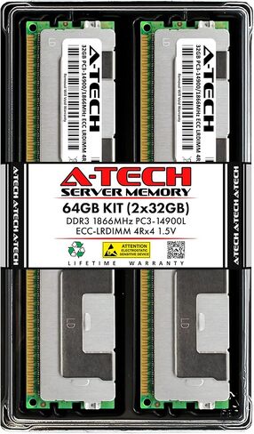 مجموعة الذاكرة A-Tech 64GB (2 × 32 جيجا بايت) لذاكرة Supermicro X9DRD-LF-DDR3 1866MHz PC3-14900 ECC LOAD LRDIMM 4RX4 1.5V-Server in Kuwait