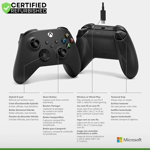 وحدة تحكم لاسلكية Microsoft Xbox مع كابل USB -C للكبريت - الكربون الأسود (المتجدد) مع حزمة حماية محسنة لمدة عامين CPS in Kuwait