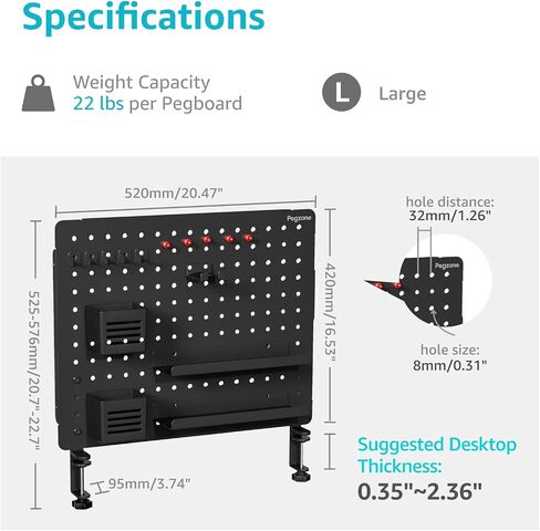 Clamp-on Desk Pegboard, Desk Organizer for Office Gaming Home, Magnetic Metal Peg Board with 15 Accessories, Privacy Panel for Office, 20.4" x 16.5", Large, Black in Kuwait