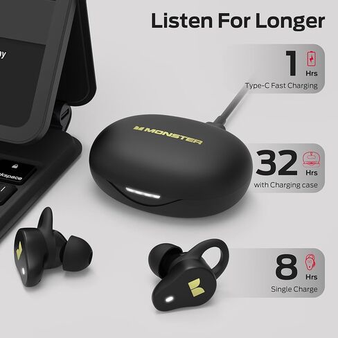 Monster N-Lite 210 Lo-Lite سماعات الأذن ، بوتوث 5.4 سماعات استريو داخل الأذن ، ميكروفون مدمج للمكالمة الواضحة الكريستالية ، وقت اللعب 32 ساعة ، شحن النوع C ، براعم الأذن المقاومة للماء للرياضة ، الأسود ، الأسود in Saudi Arabia