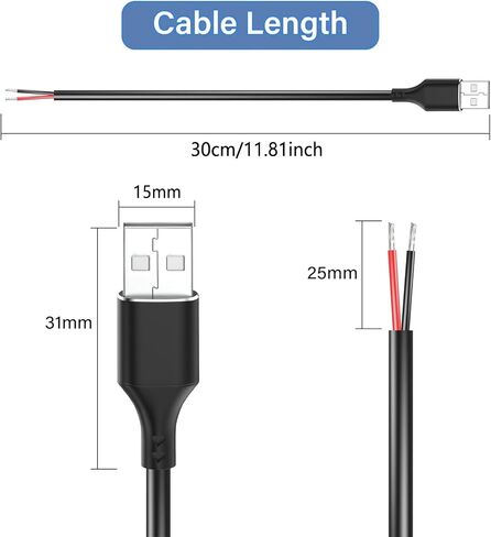 5 PCS USB الذكور إلى كابل الأسلاك العارية - 12 فولت/3A 30 سم مفتوح الطرف الحبل الطاقة لشرائط LED ، ومشاريع Arduino DIY وإصلاح الإلكترونيات in Kuwait