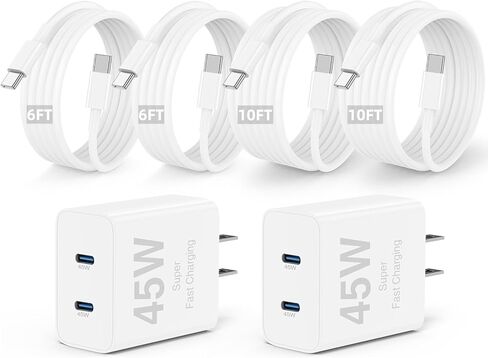 iPhone 17 16 15 Charger Fast Charging ، 45W Dural Port Clock USBC Charger مع سلك كبل طويل من نوع C من Apple iPhone 17 Pro Max/17 Air/16 Pro/16 Pro Max/15 Plus/15 Pro/iPad Pro Pluge Cube in Kuwait