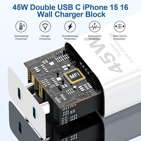 iPhone 17 16 15 Charger Fast Charging ، 45W Dural Port Clock USBC Charger مع سلك كبل طويل من نوع C من Apple iPhone 17 Pro Max/17 Air/16 Pro/16 Pro Max/15 Plus/15 Pro/iPad Pro Pluge Cube in Kuwait