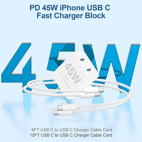 iPhone 17 16 15 Charger Fast Charging ، 45W Dural Port Clock USBC Charger مع سلك كبل طويل من نوع C من Apple iPhone 17 Pro Max/17 Air/16 Pro/16 Pro Max/15 Plus/15 Pro/iPad Pro Pluge Cube in Kuwait