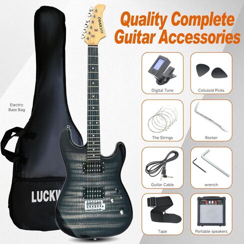 طقم المبتدئين للجيتار الكهربائي من LUCKWBQ، أحمر مع أسيسكوريس، حقيبة، اختيارات، حزام، 6 أوتار، ذراع تريمولو - جيتار إلكتريكا للمبتدئين، البالغين، الأطفال، السفر in Kuwait