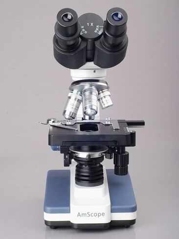 AmScope B120C-WM-BS Siedentopf Binocular Compound Microscope, 40X-2500X Magnification, Brightfield, LED Illumination, Abbe Condenser, Double-Layer Mechanical Stage, Includes Book, 50 Blank Slides, and 100 Coverslips in Kuwait