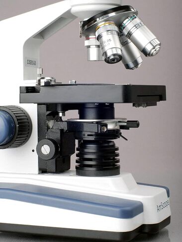 AmScope B120C-WM-BS Siedentopf Binocular Compound Microscope, 40X-2500X Magnification, Brightfield, LED Illumination, Abbe Condenser, Double-Layer Mechanical Stage, Includes Book, 50 Blank Slides, and 100 Coverslips in Kuwait