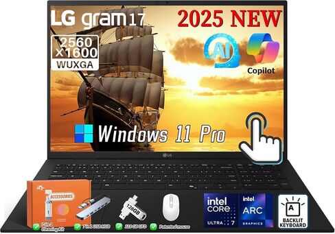 LG GRAM 17 2025 Touchscreen Lapilot COPILOT + PC ، Intel Ultra 7 Series 2 258V (حتى 4.8 جيجا هرتز) ، شاشة WQXGA ، 32 جيجابايت LPDDR5X RAM ، 1 TB SSD ، Intel ARC Graphics ، Wi-Fi 7 ، Windows 11 Pro ، in Kuwait
