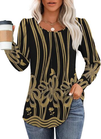 OFEEFAN قمصان طويلة الأكمام للنساء خريف بلايز أنيقة بلوزات غير رسمية مطوي رقبة واسعة تونك القمم للسراويل الضيقة in Kuwait