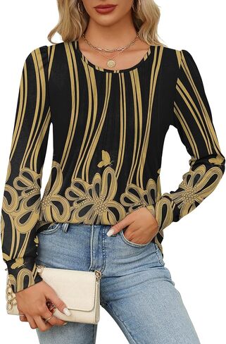 OFEEFAN قمصان طويلة الأكمام للنساء خريف بلايز أنيقة بلوزات غير رسمية مطوي رقبة واسعة تونك القمم للسراويل الضيقة in Kuwait