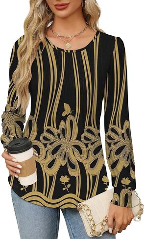 OFEEFAN قمصان طويلة الأكمام للنساء خريف بلايز أنيقة بلوزات غير رسمية مطوي رقبة واسعة تونك القمم للسراويل الضيقة in Kuwait