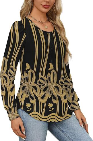 OFEEFAN قمصان طويلة الأكمام للنساء خريف بلايز أنيقة بلوزات غير رسمية مطوي رقبة واسعة تونك القمم للسراويل الضيقة in Kuwait