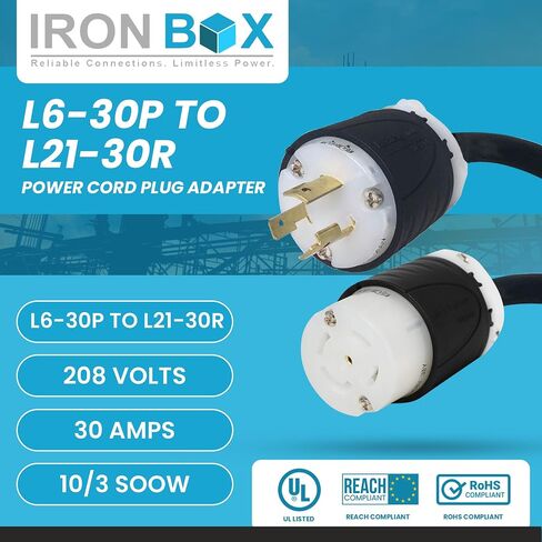 Ironbox NEMA L6-30P إلى L21-30R محول توصيل سلك الطاقة - 30A ، 208V ، 10/3 SOOW - كابل الطاقة الثقيل المدرج في القائمة - تمديد طاقة قفل المولد ، RV ، العربة والمزيد (1 قدم ، بناء مخصص) in Kuwait