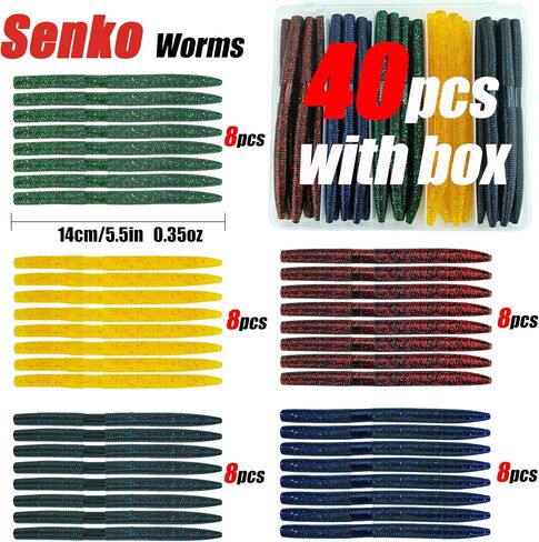 طقم سحر الجهير Wacky Worm: 40pcs 5 "Senko ديدان مع صندوق تخزين | طعوم صيد بطيئة للمياه المالحة في المياه العذبة in Kuwait