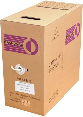 Grandmax Cat6 550MHz الكابل السائبة الصلبة ، 1000 قدم ، مربع سحب UTP ، CMP ، نحاس نقي 100 ٪ ، ألوان متعددة متوفرة ، 4 زوج ، 23 AWG/1000FT/GRAY in Kuwait