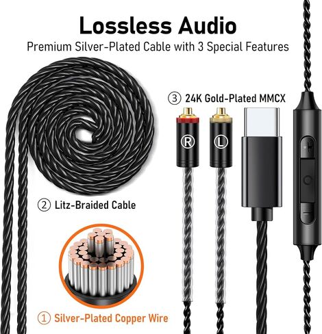 Vibes 202MC USB-C Wired Earbuds - HiFi in Ear Headphones - USBC for iPhone 16/15 - Noise-Isolating Ear Buds w/ Mic - Clear Sound, Deep Bass & Comfort-Fit Earphones - Silver Plated Cord, Carrying Case in Kuwait