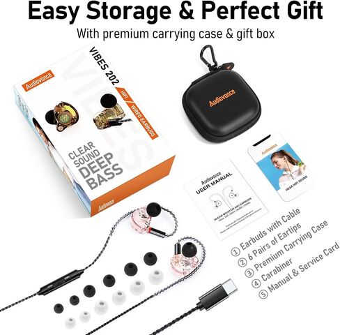 Vibes 202MC USB-C Wired Earbuds - HiFi in Ear Headphones - USBC for iPhone 16/15 - Noise-Isolating Ear Buds w/ Mic - Clear Sound, Deep Bass & Comfort-Fit Earphones - Silver Plated Cord, Carrying Case in Kuwait