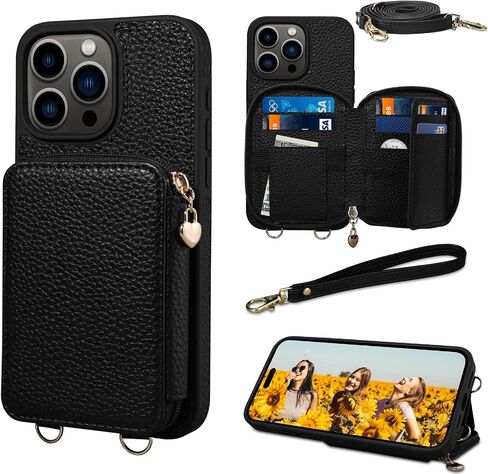 Keallce Compatible with iPhone 15 Pro Max 6.7 inch Case Wallet, Crossbody Zipper with RFID Blocking Card Slots Kickstand, Lanyard & Handstrap Flip Leather Cover for iPhone 15 Pro Max 2023, Black in Kuwait