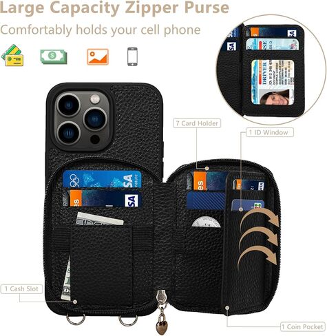Keallce Compatible with iPhone 15 Pro Max 6.7 inch Case Wallet, Crossbody Zipper with RFID Blocking Card Slots Kickstand, Lanyard & Handstrap Flip Leather Cover for iPhone 15 Pro Max 2023, Black in Kuwait