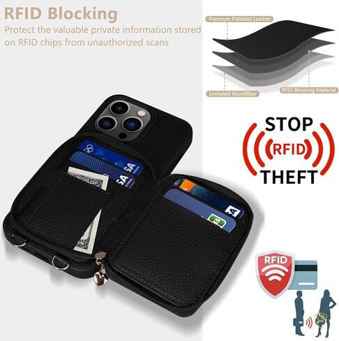 Keallce Compatible with iPhone 15 Pro Max 6.7 inch Case Wallet, Crossbody Zipper with RFID Blocking Card Slots Kickstand, Lanyard & Handstrap Flip Leather Cover for iPhone 15 Pro Max 2023, Black in Kuwait