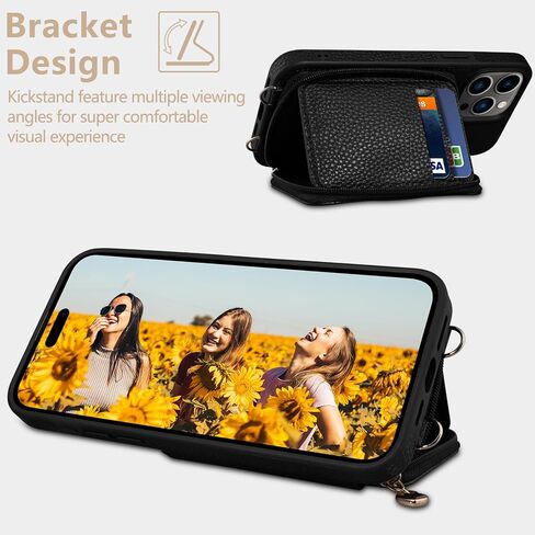 Keallce Compatible with iPhone 15 Pro Max 6.7 inch Case Wallet, Crossbody Zipper with RFID Blocking Card Slots Kickstand, Lanyard & Handstrap Flip Leather Cover for iPhone 15 Pro Max 2023, Black in Kuwait