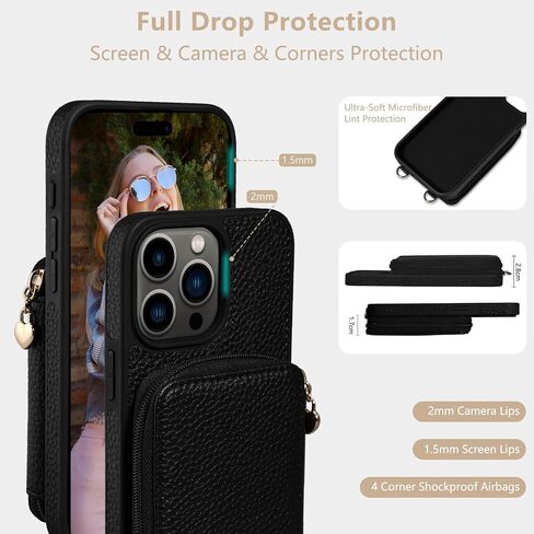 Keallce Compatible with iPhone 15 Pro Max 6.7 inch Case Wallet, Crossbody Zipper with RFID Blocking Card Slots Kickstand, Lanyard & Handstrap Flip Leather Cover for iPhone 15 Pro Max 2023, Black in Kuwait