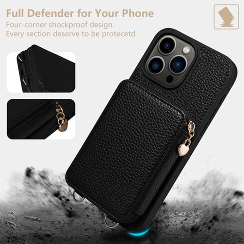 Keallce Compatible with iPhone 15 Pro Max 6.7 inch Case Wallet, Crossbody Zipper with RFID Blocking Card Slots Kickstand, Lanyard & Handstrap Flip Leather Cover for iPhone 15 Pro Max 2023, Black in Kuwait