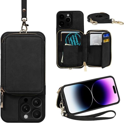 Keallce Compatible with iPhone 15 Pro Max 6.7 inch Case Wallet, Crossbody Zipper with RFID Blocking Card Slots Kickstand, Lanyard & Handstrap Flip Leather Cover for iPhone 15 Pro Max 2023, Black in Kuwait