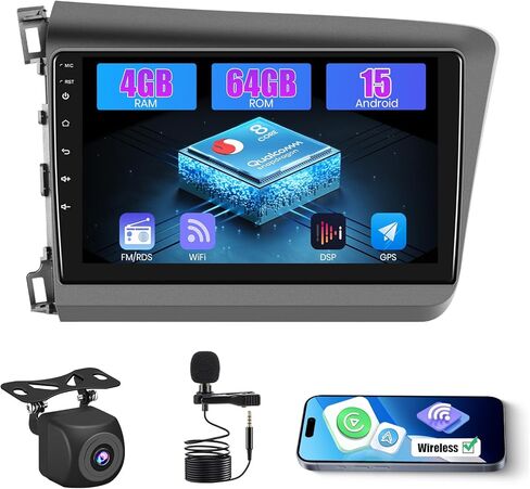 راديو ستيريو للسيارة 2+64G Android 13 CarPlay لسيارة Honda Civic 2012-2015 (LHD)، شاشة لمس عالية الدقة 9 بوصة متوافقة مع Android Auto، كاميرا احتياطية AHD، وصلة مرآة، GPS، WiFi، FM RDS in Kuwait