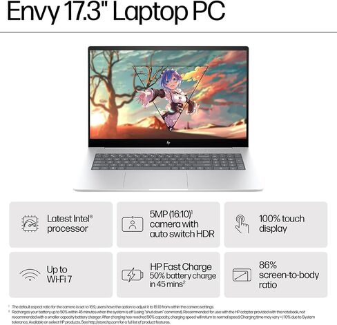 HP Envy 17 Business Lastop ، 17.3 "FHD Touchscreen ، Intel Ultra 7 155H 16-Core (4.8GHz) ، 64 GB DDR5 RAM ، 1 TB SSD ، COPILOT AI ، Intel ARC Graphics ، Wi-Fi 7 ، Backlit KB ، Windows 11 Pro ، in Kuwait