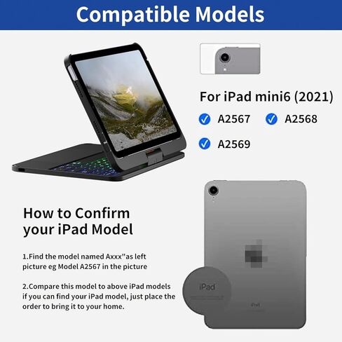 Keyboard Case for iPad mini 7 A17 Pro(2024) & Mini 6 (2021) 8.3", 360° Rotate Case for iPad mini 7th/6th Generation, Touchpad Keyboard with 7 Color Backlit, Type-C Rechargeable (Black) in Kuwait