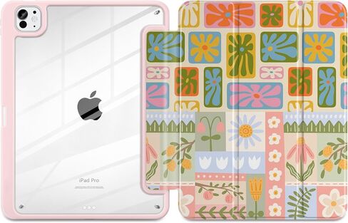 Case for iPad Pro 13 Inch (M4) 2024 إصدار غطاء وردي فاتح خفيف الوزن مع وجود حامل قلم رصاص صافٍ TPU Edge Trifold ، Flower Patchwork in Kuwait