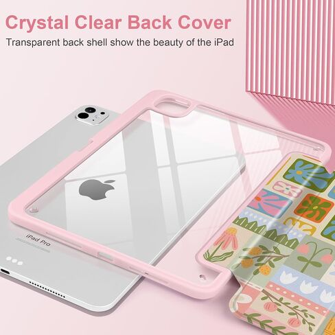 Case for iPad Pro 13 Inch (M4) 2024 إصدار غطاء وردي فاتح خفيف الوزن مع وجود حامل قلم رصاص صافٍ TPU Edge Trifold ، Flower Patchwork in Kuwait