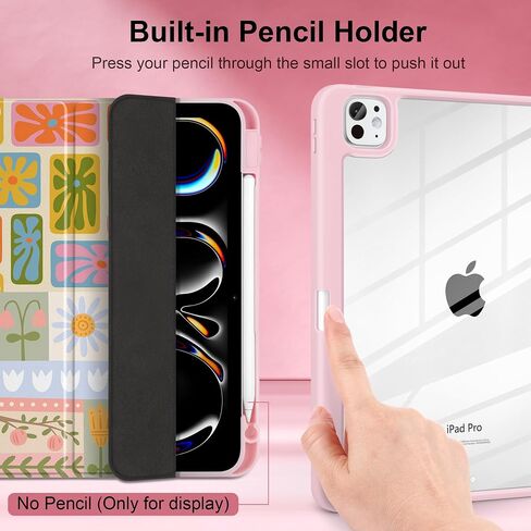 Case for iPad Pro 13 Inch (M4) 2024 إصدار غطاء وردي فاتح خفيف الوزن مع وجود حامل قلم رصاص صافٍ TPU Edge Trifold ، Flower Patchwork in Kuwait