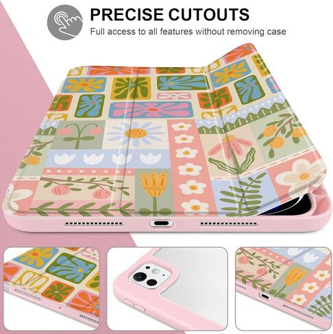 Case for iPad Pro 13 Inch (M4) 2024 إصدار غطاء وردي فاتح خفيف الوزن مع وجود حامل قلم رصاص صافٍ TPU Edge Trifold ، Flower Patchwork in Kuwait