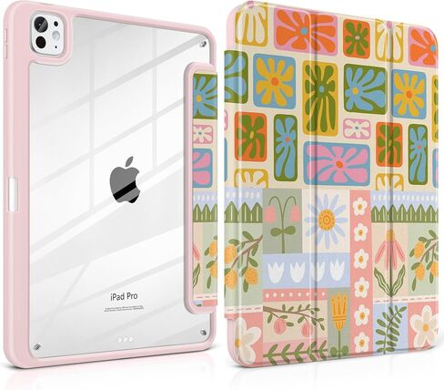 Case for iPad Pro 13 Inch (M4) 2024 إصدار غطاء وردي فاتح خفيف الوزن مع وجود حامل قلم رصاص صافٍ TPU Edge Trifold ، Flower Patchwork in Kuwait