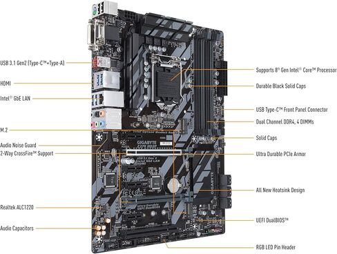 Gigabyte Z370 HD3P (Intel LGA1151/ Z370/ ATX/ 2XM.2/ Intel LAN/ USB 3.1 Gen 2 Type C/ ALC1220/ HDMI/ Motherboard) (تم تجديد معتمدة) in Kuwait
