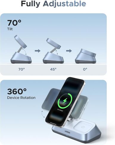 Ugreen 25W QI2 معتمد 3-in-1 Magflow Wireless Charging Stand ، Magsafe Fast Wireless Charger for iPhone 17/16/15/14/13/12 ، AirPods و Apple Watch ، حامل المكتب مع زاوية قابلة للتعديل in Saudi Arabia