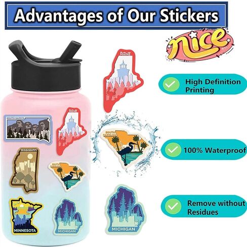 50PCS US States Stickers,Cool Travel Stickers,Waterproof Vinyl Stickers for Water Bottles,Laptop,Luggage,Teens Adults,Keyboards,Backpacks,Skateboards,Luggage,Water Bottles,Scrapbooks in Saudi Arabia